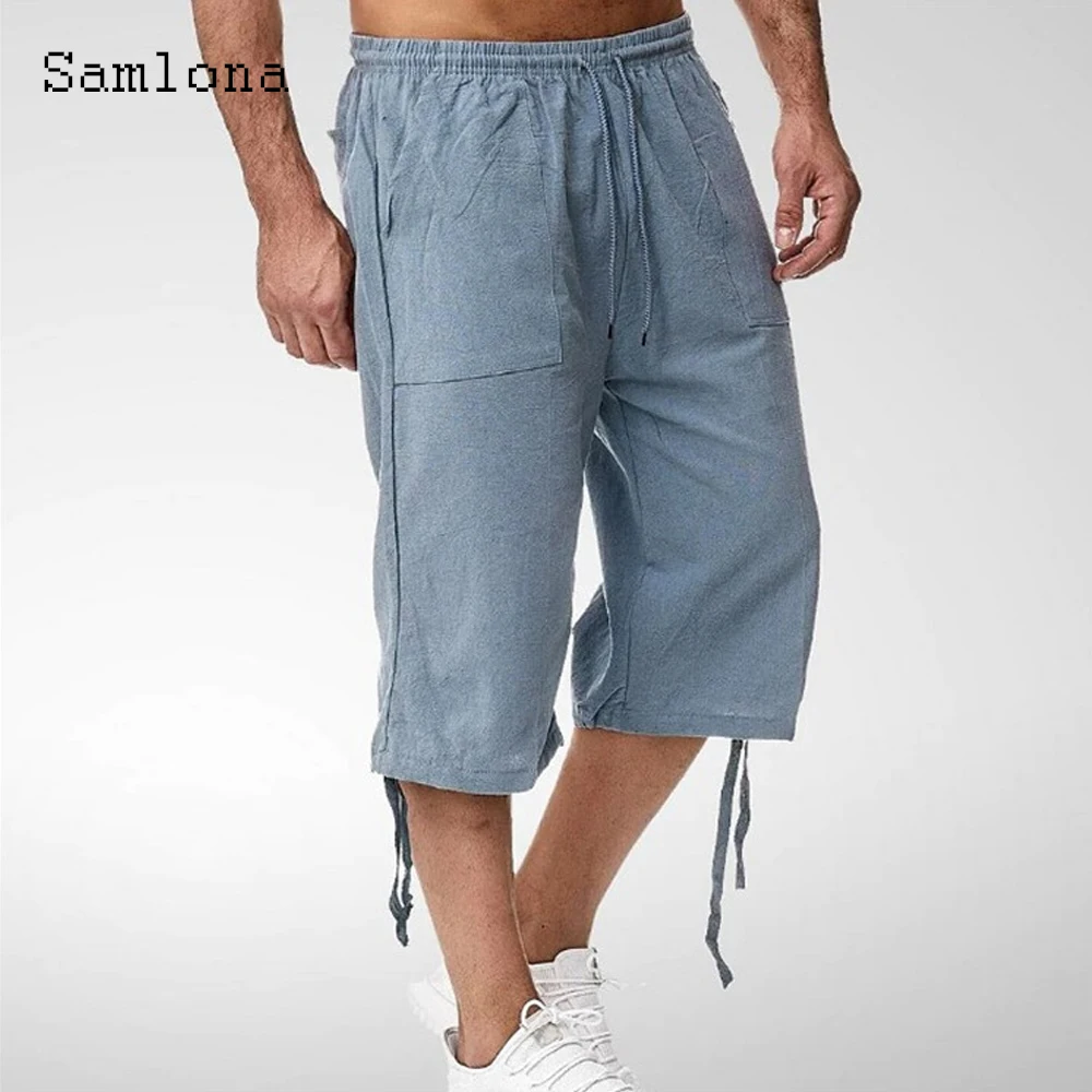 Men's Casual Calf-Length Pants Men Patchwork Lace-up Pocket Linen Shorts Blue Khaki Fashion Beach Shorts Male Clothing 2022