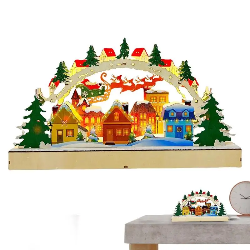 

Christmas Scene Village Light Up Christmas Village Background Scene Wooden Village Houses LED Christmas Ornament Winter Tabletop