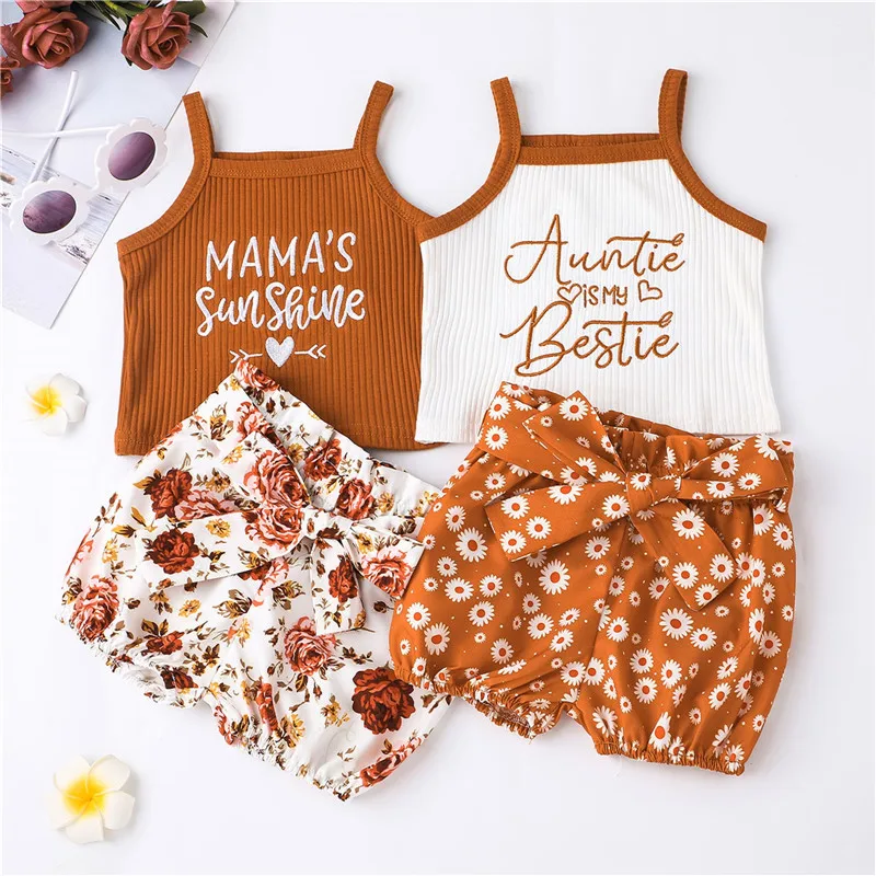 

2Pcs Infant Baby Girls Shorts Set Spaghetti Straps Ribbed Letter Cami Top and Bow Floral Shorts Summer Outfits Set