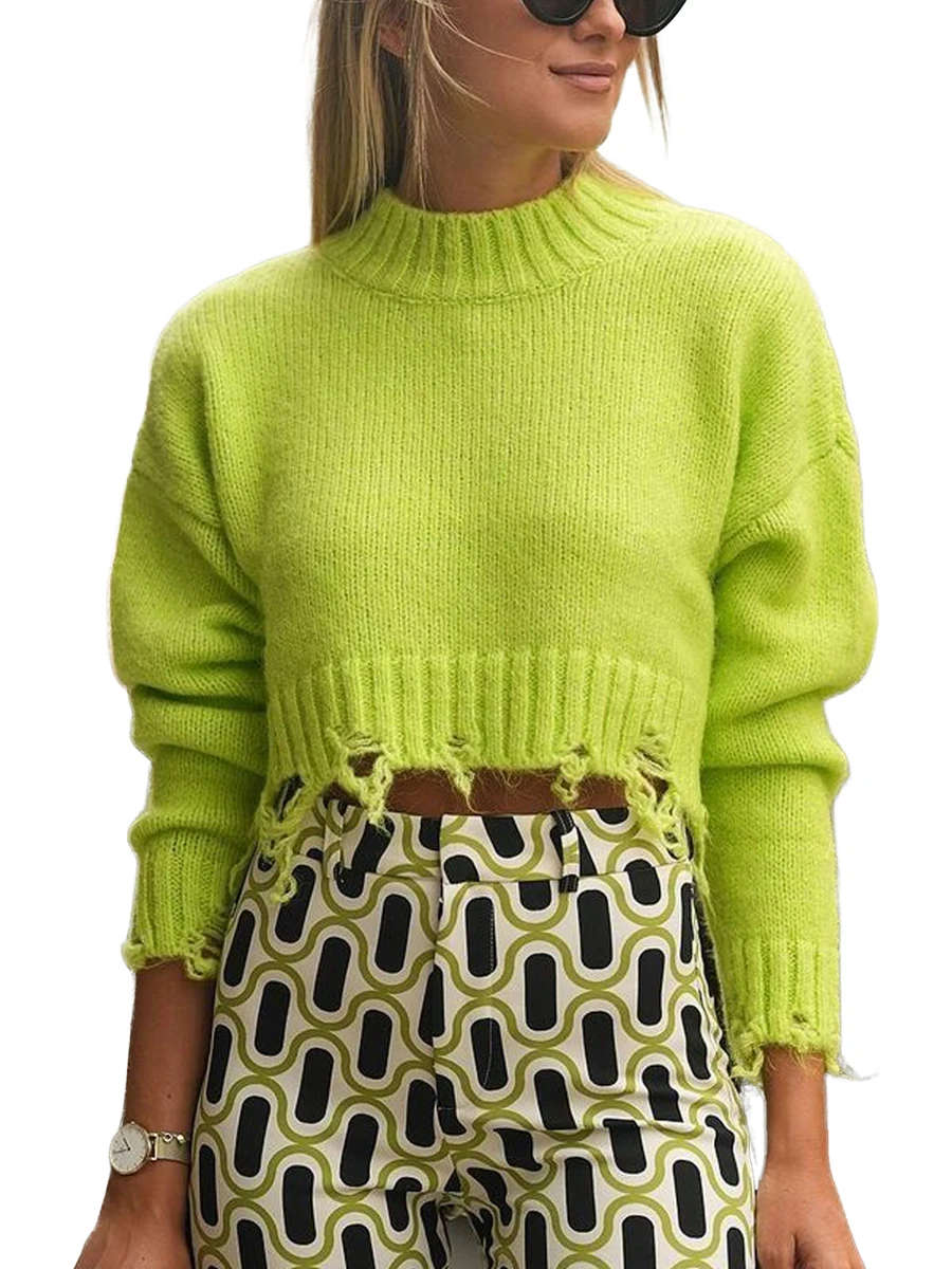 

Женский Короткий трикотажный свитер с длинным рукавом и круглым вырезом