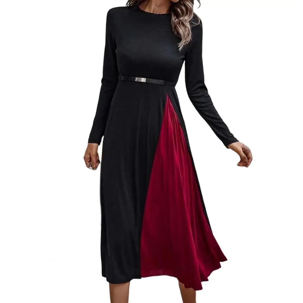 

Women Dress Long Sleeves Round Neck Color Matching Mid-calf Length Big Hem Dress-up Elegant Pullover Autumn Dress for Dating