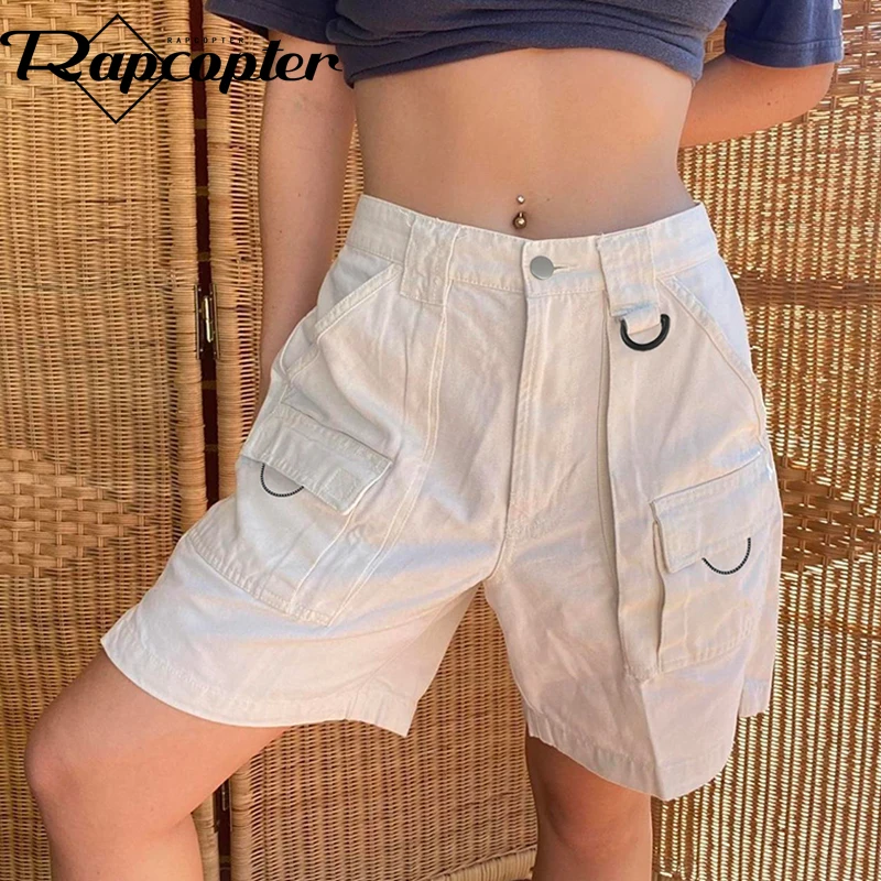 

Шорты-карго Rapcopter женские с высокой талией, белые штаны с металлическими карманами, уличная одежда в стиле Харадзюку, базовые повседневные, на лето 90-х