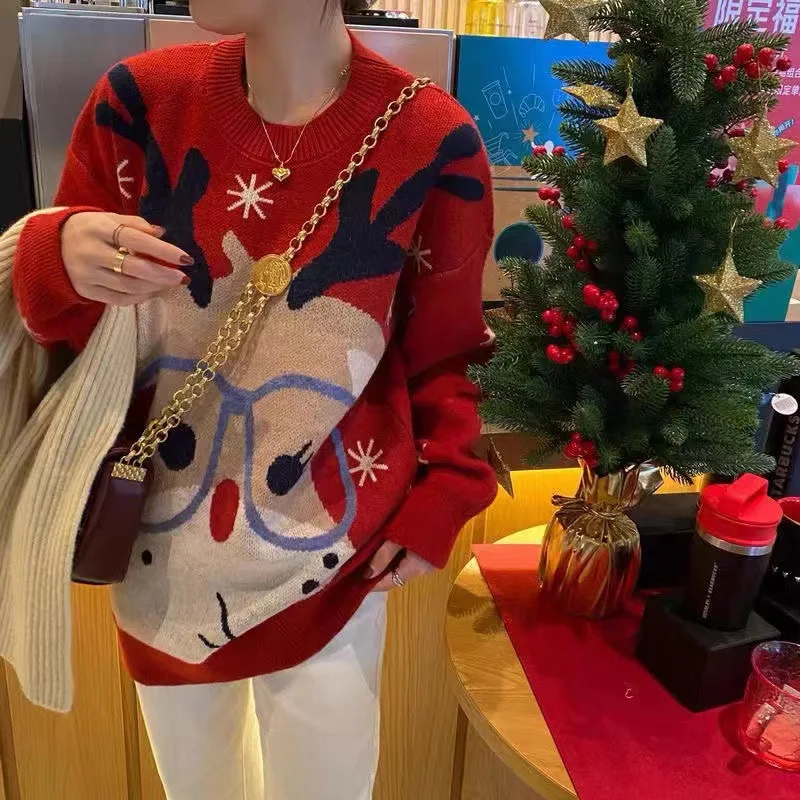 

Christmas New Year Red Jacquard Sweater Female 2021 Autumn Winter New Loose Elk Snowflake Wearing Thickened Sweater