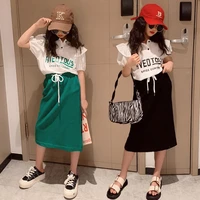 girls summer clothing sets fashion white letter print top skirt 2pcs children korean clothes teenager outfits 8 9 10 11 12 14y