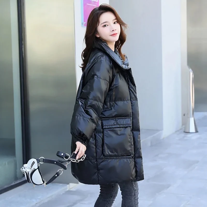 Women's Fashion Glossy Stand Collar Snow Coat Solid Warm Cotton Jacket Loose Zip Up Overcoat Winter Warm Windproof Hooded Parkas