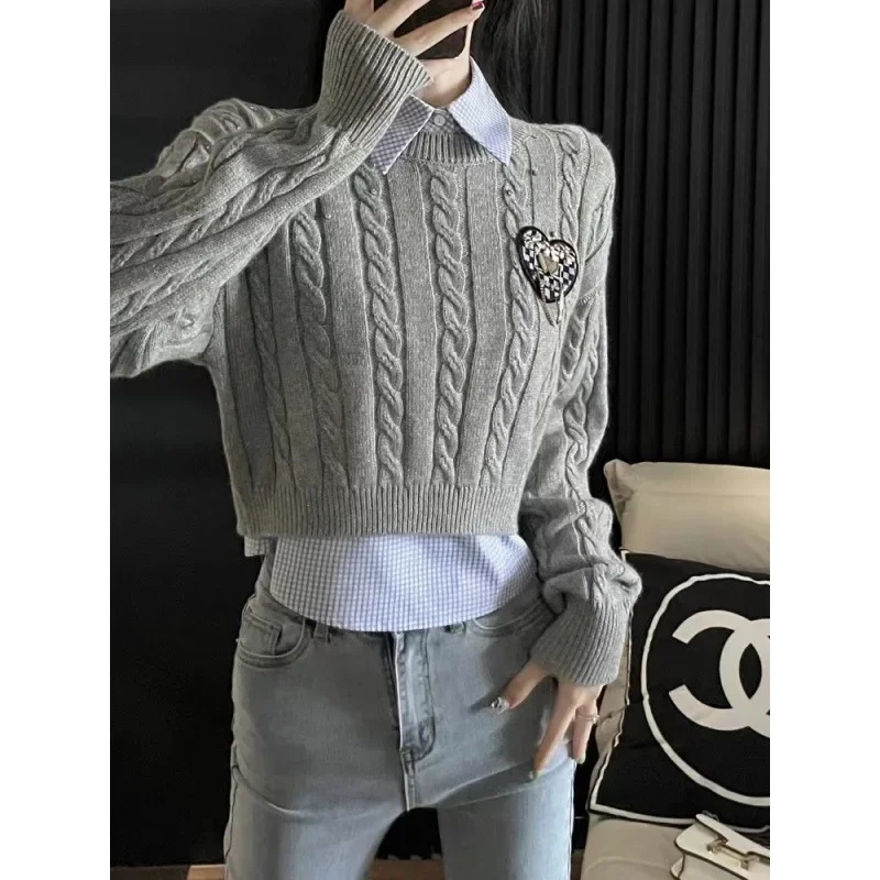 Осень 2023 новый модный элегантный свитер с лацканами в британском стиле