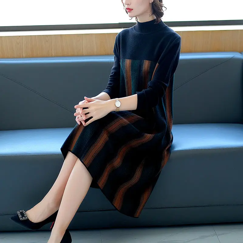 

Elegant Striped Lady Knitted Dress Women's Clothing Autumn Winter 2023 New Half Turtleneck Sweater Dress Jersey Dresses AC936