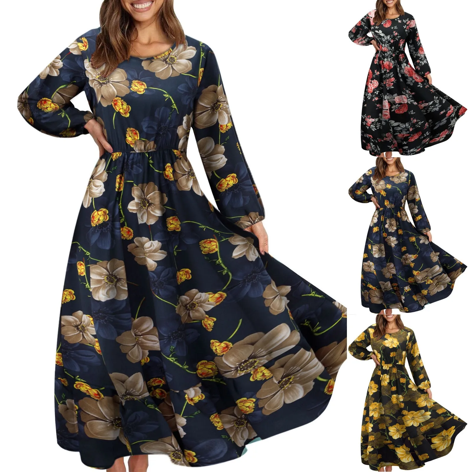 

Летние платья средней длины, женское платье с цветочным принтом и длинным рукавом, Многоярусное платье с оборками на подоле, женские платья-...
