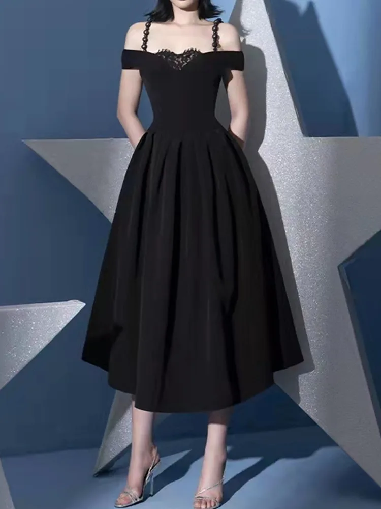 

SMTHMA Новое модное сексуальное летнее платье с открытыми плечами для женщин 2023 дизайнерское подиумное винтажное элегантное кружевное лоскутное Черное длинное платье