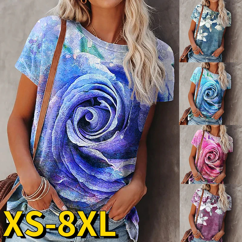 

2022 Summer Women's Floral 3D Printing T-Shirt Short Sleeve Women's Casual Pullover Fashion Top Loose T-Shirt Concise Style Tee