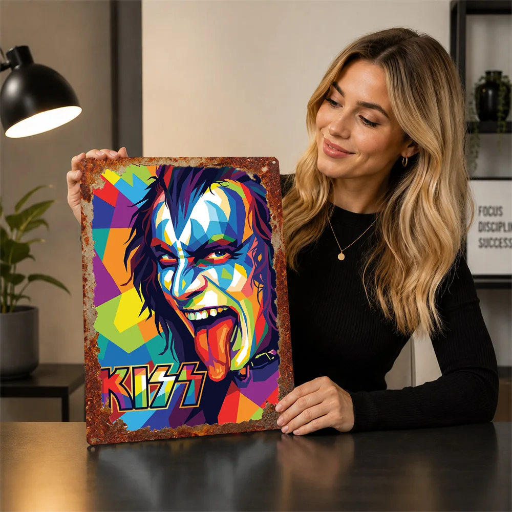 Фото Металлический постер Gene Simmons KISS в стиле поп-арт: идеальный подарок для фанатов, индивидуальная настенная металлическая табличка для декора комнаты, украшение для интерьера. №3