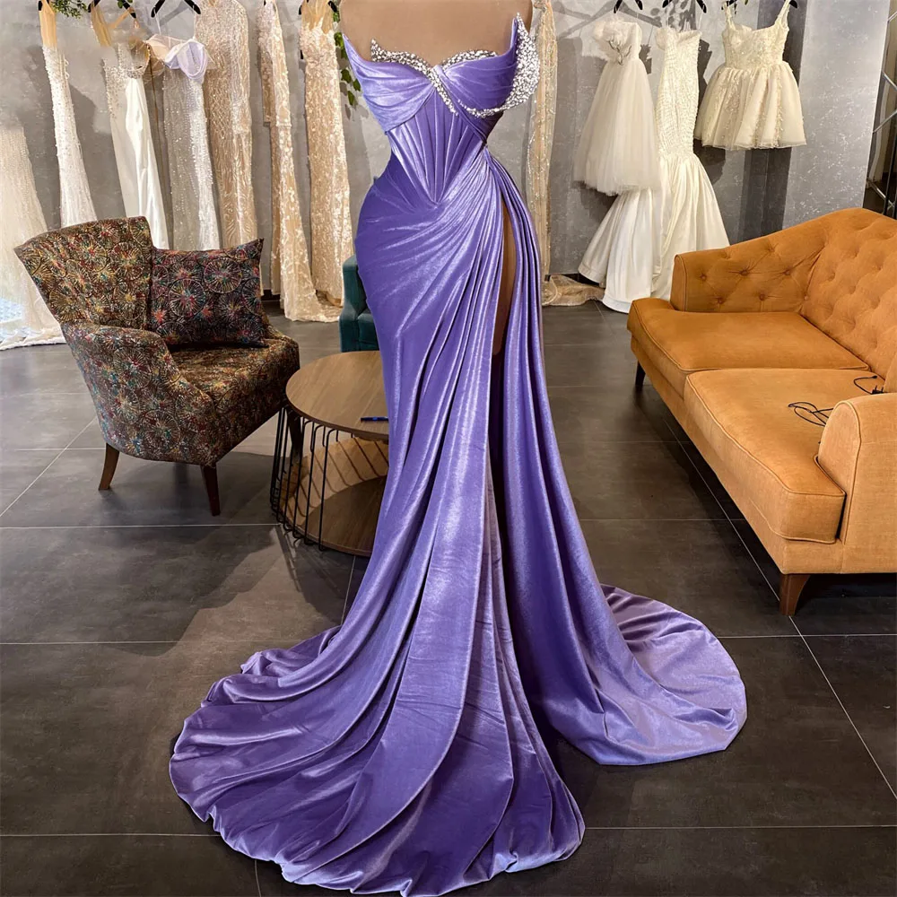 

Сказочное фиолетовое вечернее платье-Русалка с Боковым Разрезом и открытыми плечами, плиссированное официальное платье с бисером для выпускного вечера, женское платье невесты из Саудовской Аравии