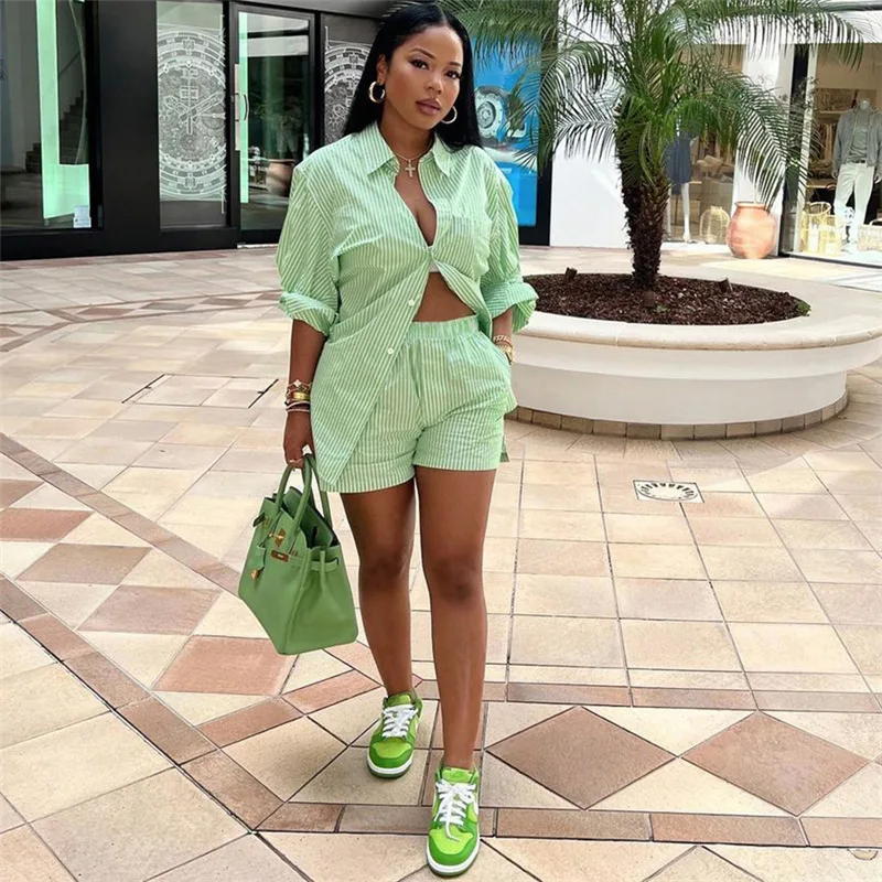 

Striped Two Piece Set Women Fashion Loose Long Sleeve Single Breasted Shirt+Casual High Waist Shorts Lady Streetwear Suit