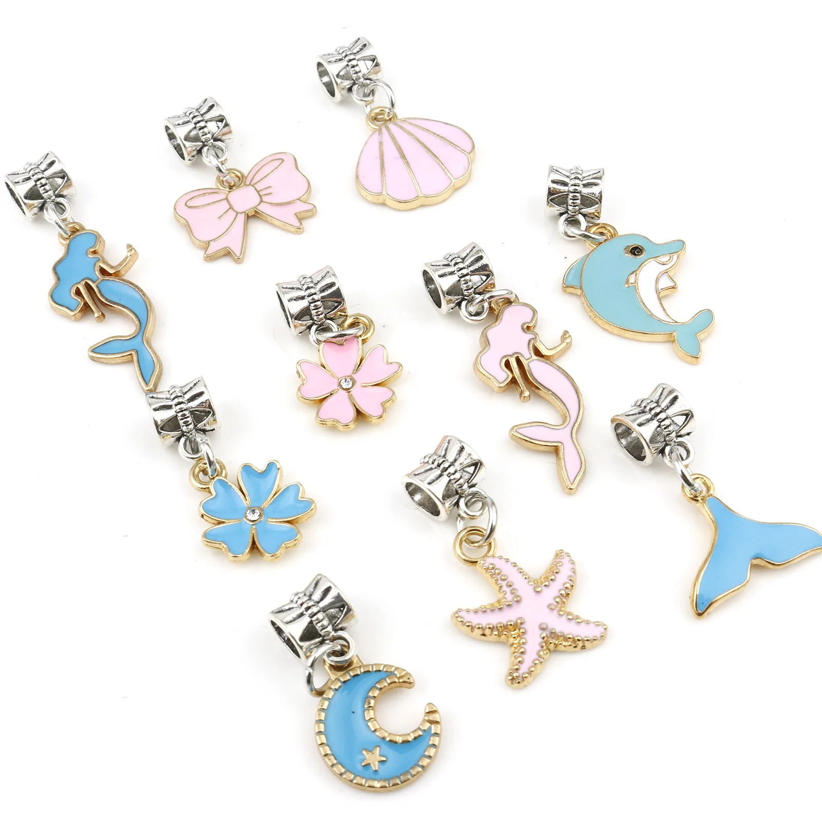 Рыбья Чешуя Русалки Большие Подвесные Бусы с Отверстием Черепашки Античного Серебра Лунно-Синего и Розового Цвета с Эмалью для Самостоятельного Изготовления Ожерелья Ювелирных Изделий.