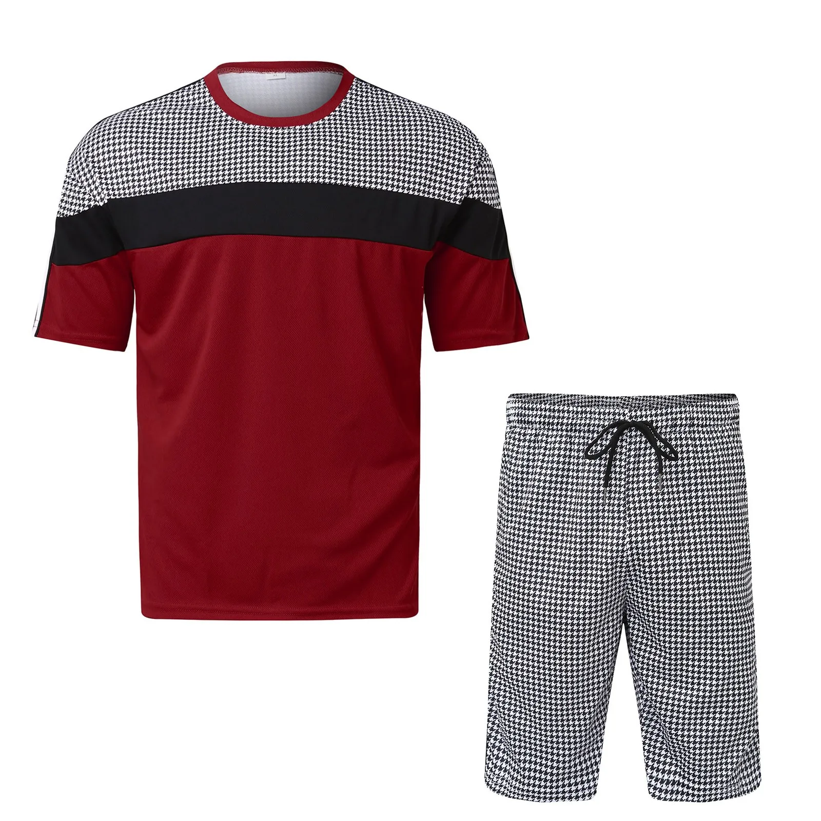 Casual Sportswear Men 2 Piece Suit O-Neck T Shirt Plaid Print Shorts Male Set Tracksuit Ropa Hombre Jogging Conjuntos 2023