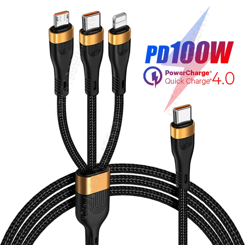 

3 in 1 PD USB C Cable for iPhone 14 13 12 QC4.0/3.0 100W 5A Fast Charging Micro USB Type C Cable for Macbook Pro Samsung Xiaomi
