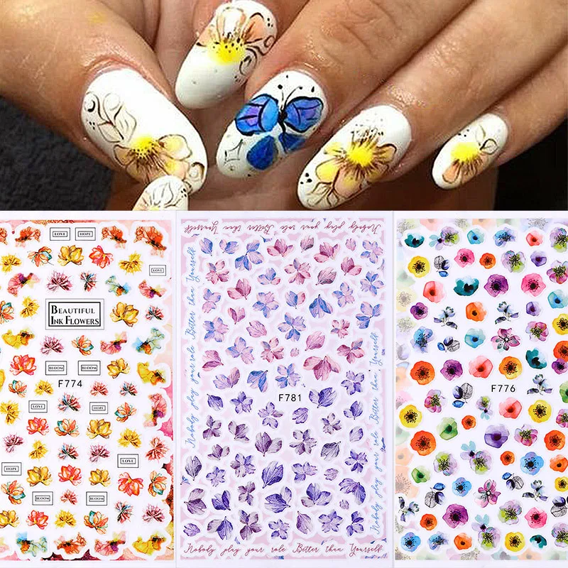 Tie Dye Vintage Flower Nail Sticker Color Flowers Maple Leaf Nail Art Decorative Stickers Nail Slider Pure Love Rose Nail Decals