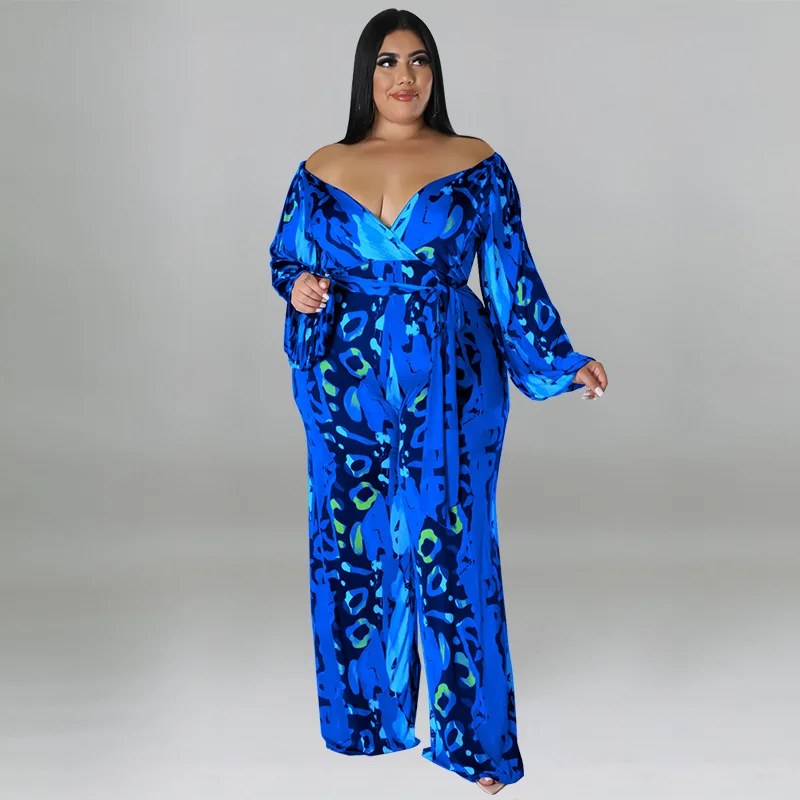 Plus Size Women 5xl Jumpsuit V Nexk Print One Piece Outfit Sexy Fashion Wide Leg Pant Lady Club Fall Belt Wholesale Clothes