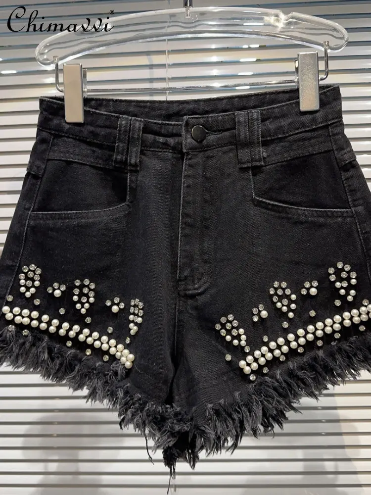 Black Booty Shorts Women Denim Shorts 2023 Spring Summer New Pearl Rhinestone Beaded Burrs Tassels Short Pants Sexy Girl