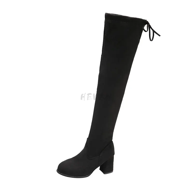 

2023 New 34-40 Velvet High Heel Over The Knee Boots Women's Shoes Korean Casual Thick Heel Stretch Boots Women