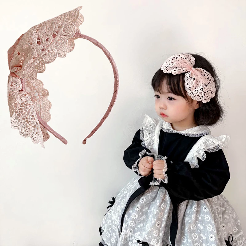 

Korean Princess Hair Hoop Cute Big Bow Pink Scrunchie for Little Girls Kids French Vintage Lace Lolita Headwear Hair Accessories