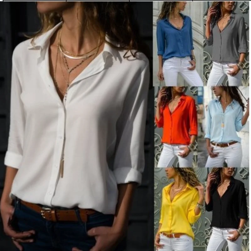 

Women V Neck Shirts Blouses Buttons Light Solid Tops Office Lady Long Sleeve Turn Down Collar Fashion Female Clothing Casual