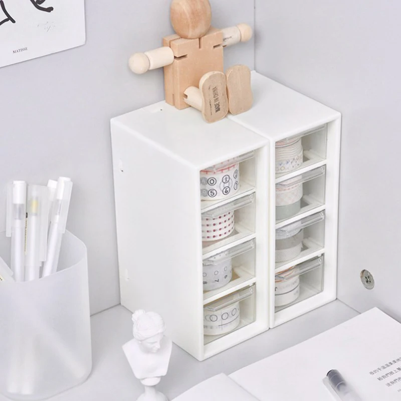 White Desktop Cosmetic Storage Box with 4 Drawer Units Container Case Small Organizer Box for Office Home Makeup