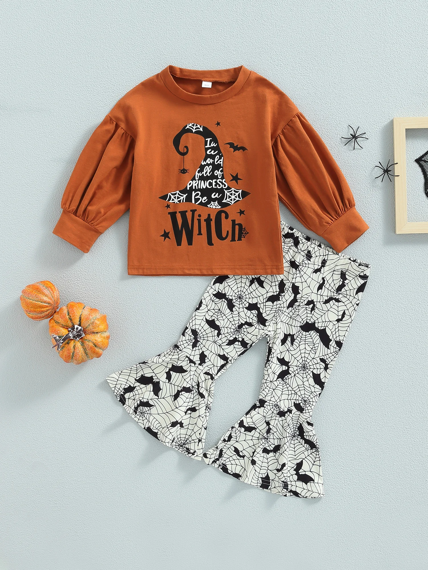 

Toddler Girl Halloween Clothes Set Long Sleeve Crew Neck Letter Witch Hat Print Sweatshirt + Bat Spider Web Flare Pants
