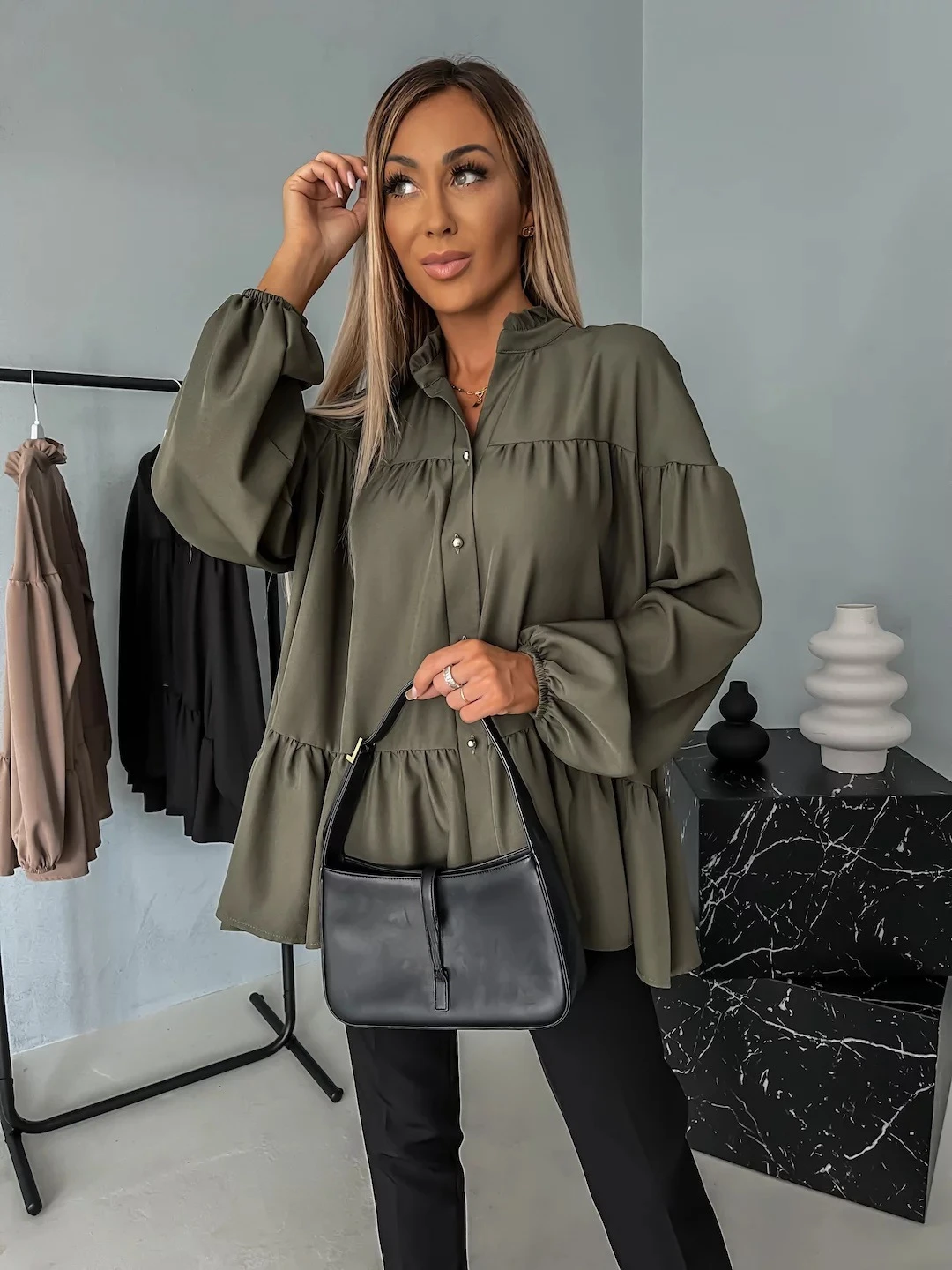 

Women Fashion Casual Blouses Autumn Winter Solid Color Long Sleeve Ruffler Collar Button Shirts Patchwork Blouse Female Clothes