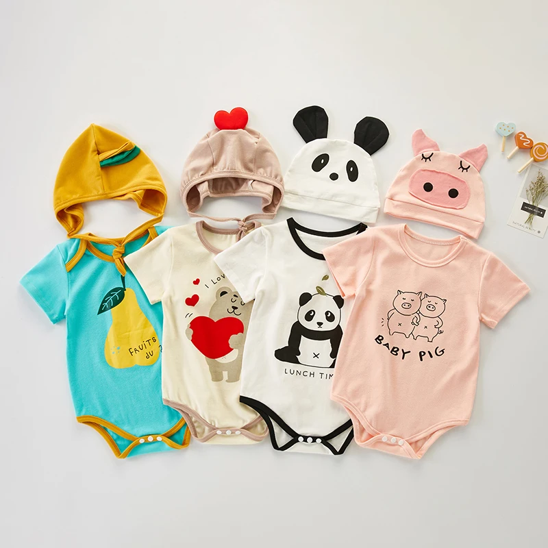 0-36M Cute Baby Romper 2022 Summer New Baby Boy Girl Clothes Animal Print Triangle Jumpsuit Cotton Baby Clothing With Hat