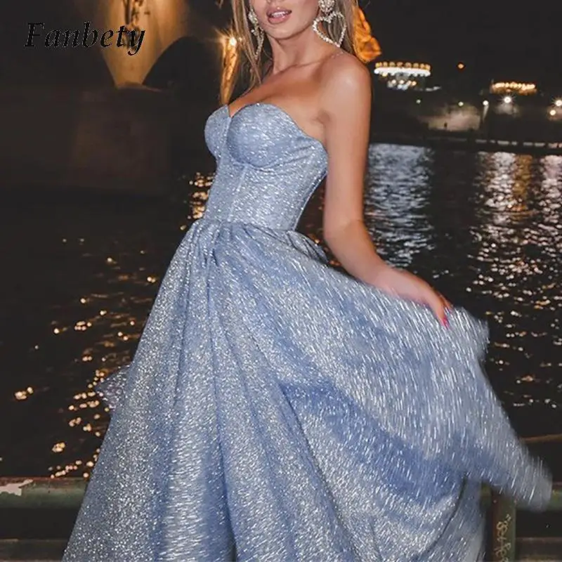 

Romantic Summer Sexy Strapless Sling Party Dress Fashion Shiny Sleeveless Puff Princess Dress Women Slim High Slit Evening Dress