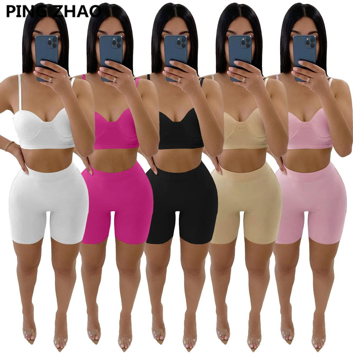 

Спортивный комплект для женщин PING ZHAO, летний сексуальный топ с бюстгальтером и обтягивающие шорты, комплект из двух предметов, спортивный к...