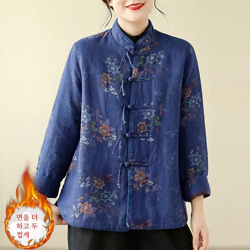 New Chinese Sle Cotton-Padded Jacket Women's Winter Retro Buckle down Cotton-Linen Costume Jac...