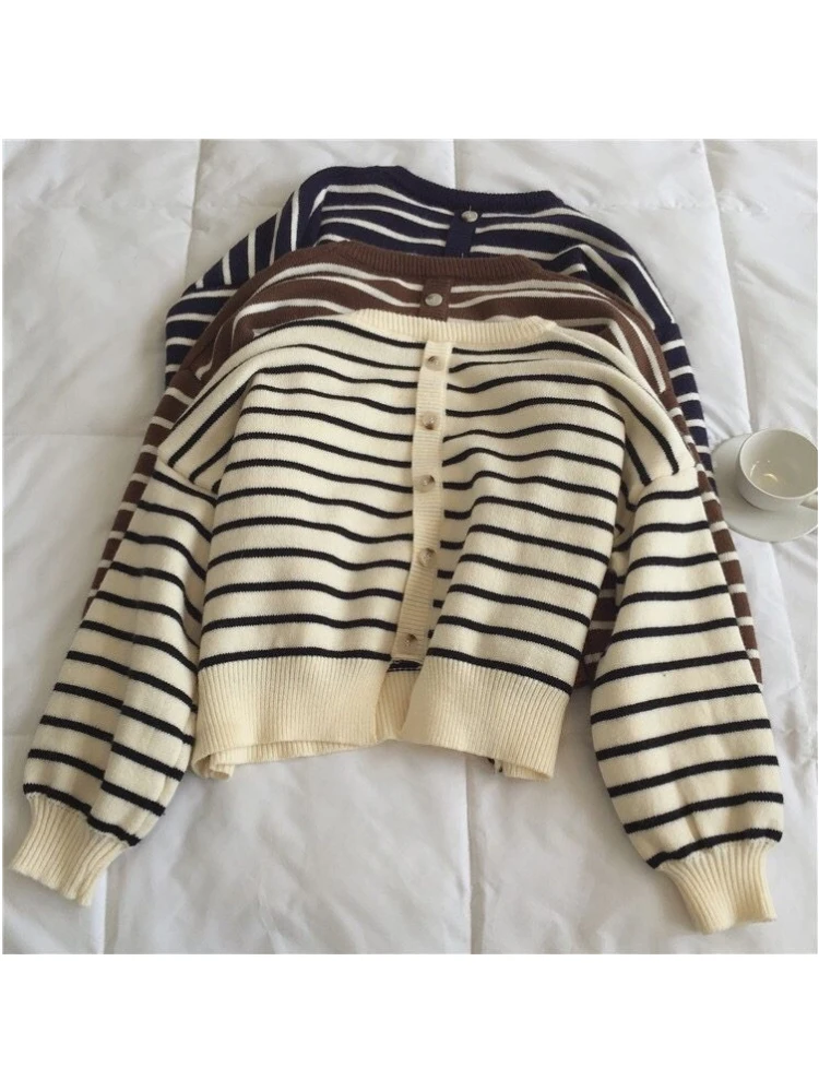 Back Button Striped Knitted Sweater Women's Spring And Autumn New Retro Simple Style Design Sense Round Neck Pullover Top Female
