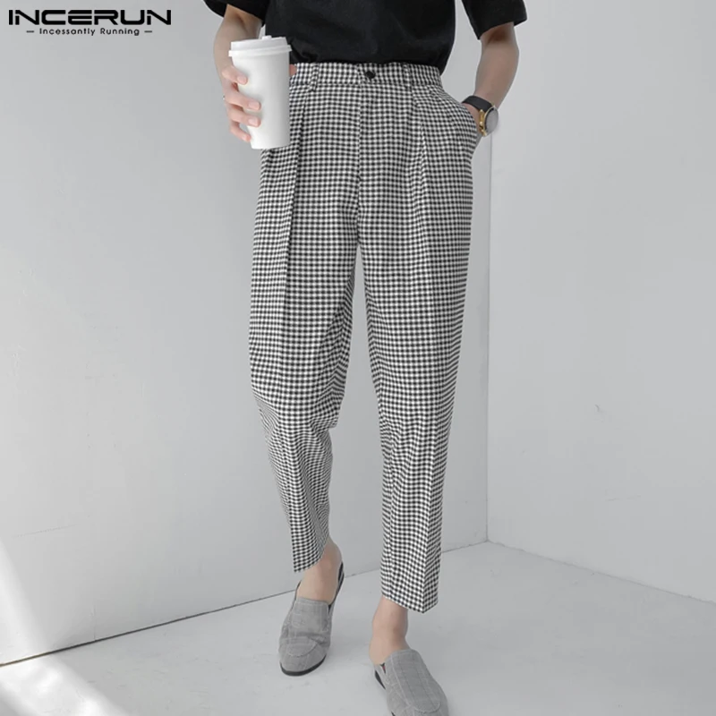 

Korean Style New Men's Casual Streetwear Checkered Trousers Fashion Party Hot Sale Male All-match Check Pants S-5XL INCERUN 2023