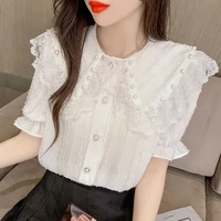 solid button up lace patchwork blouse women ruffled collar summer tops cute fashion pink white short sleeve blouses blusas mujer