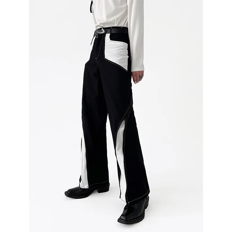 

Mens Patchwork Micro-flared Overalls Street Wear Black White Colorblock Casual Wide Leg Jeans Men Slim Fit Flare Jeans Breasted