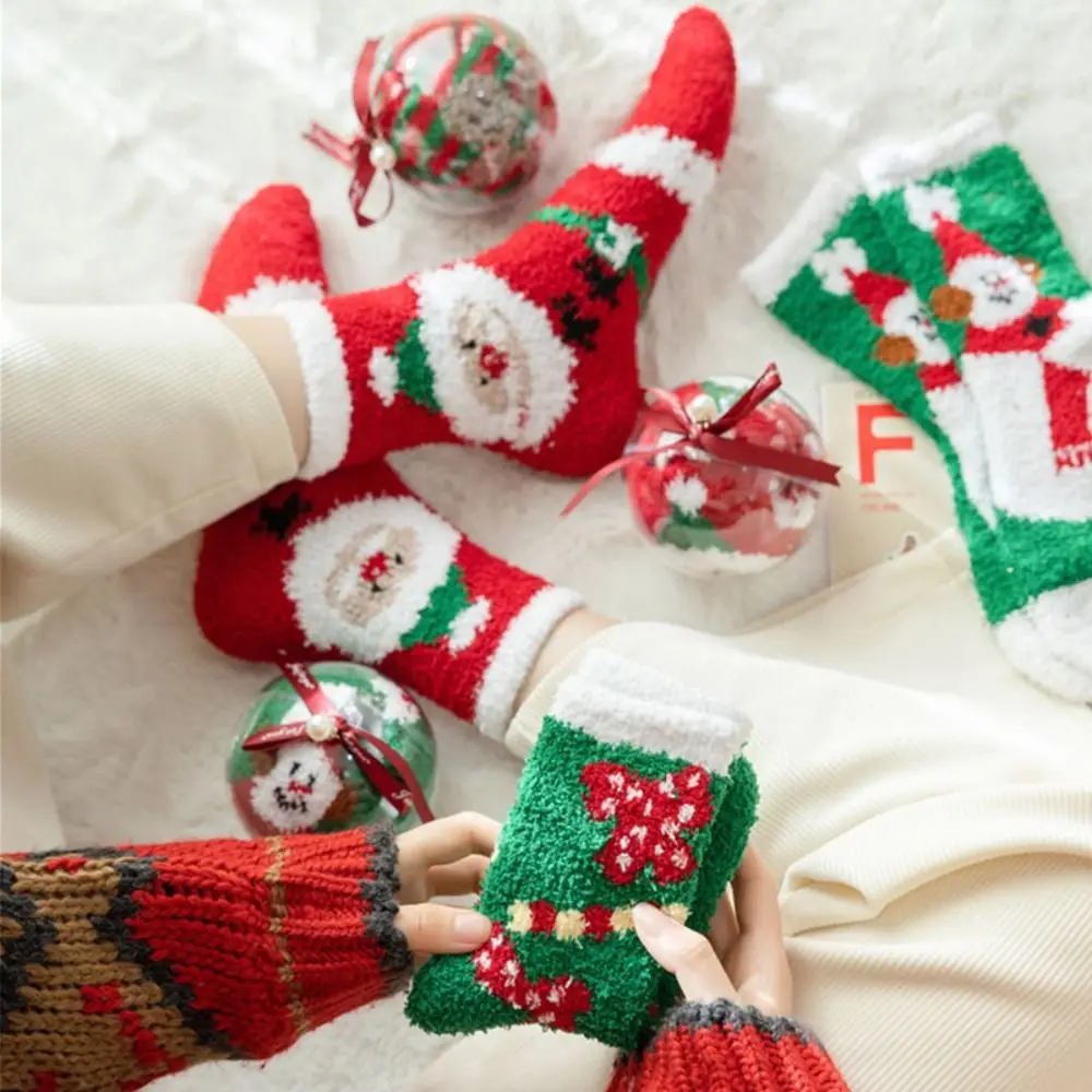 

Рождественские носки с изображением снеговика оленя, милые носки из кораллового флиса с мультяшным Санта-Клаусом, плюшевые носки, теплые носки для рождественского сна, Рождество