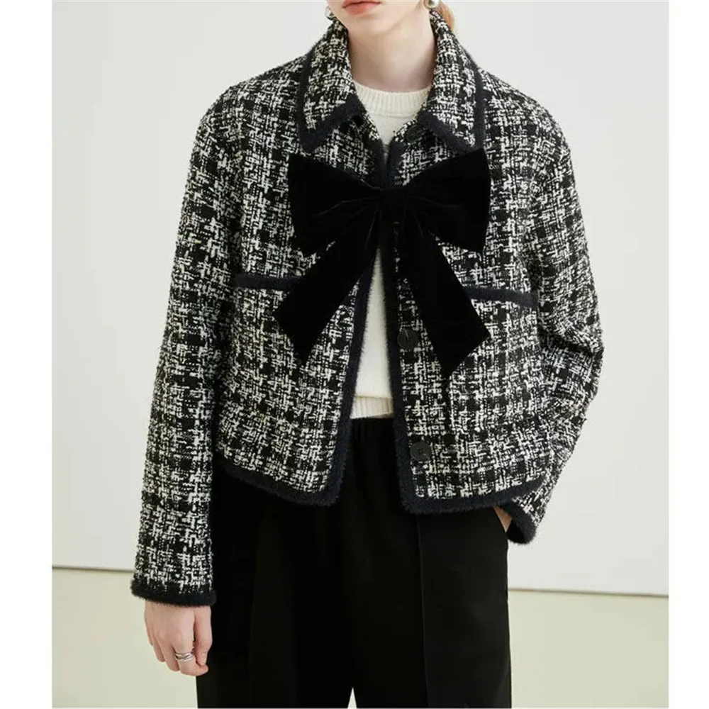 

Женское твидовое пальто в клетку, винтажное шерстяное Черное короткое пальто с отложным воротником и бантом в стиле ретро, Осень-зима 2022