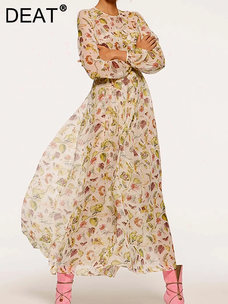 

Женское вечернее платье [DEAT], черное тонкое свободное платье с круглым вырезом и длинным рукавом, с принтом, на молнии, лето 2023, новинка 13DB1654