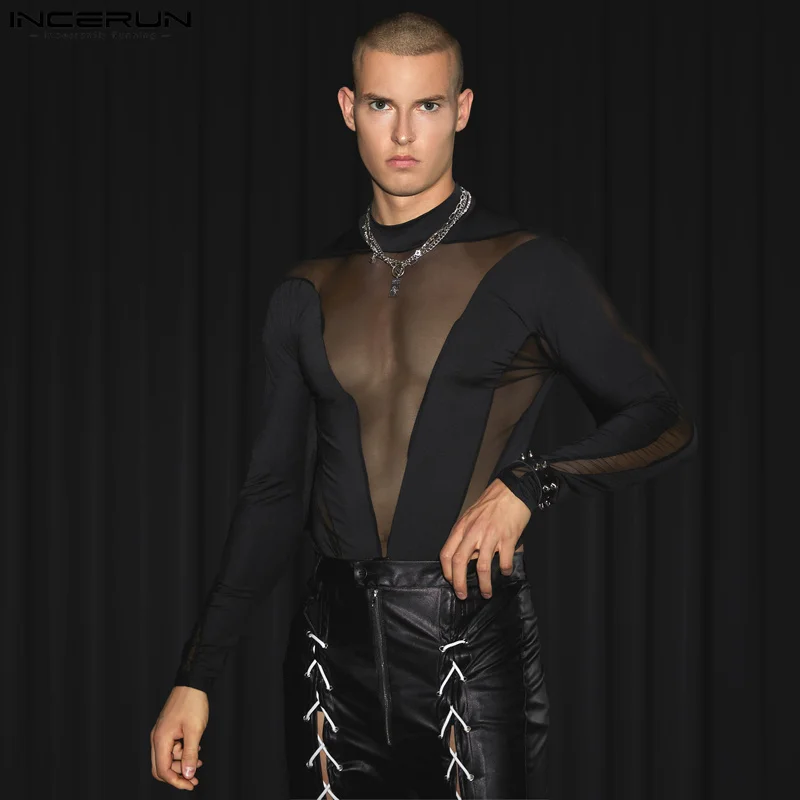 

2023 Men Bodysuits Mesh Patchwork Transparent Turtleneck Long Sleeve Rompers Male T Shirt Streetwear Fashion Bodysuit INCERUN