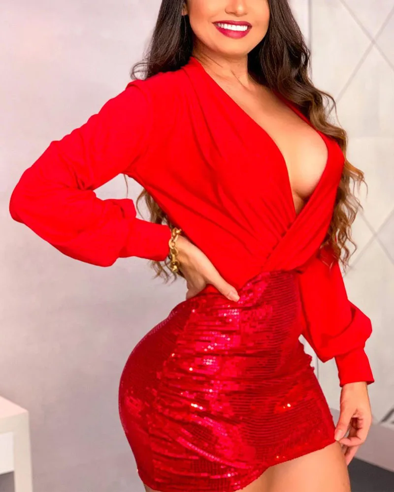 

2023 Women's Fashion Slim New Mini Skirt, Deep V Sexy Sequin Splicing Dress