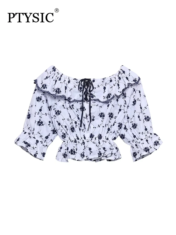 

PTYSIC Sweet Women Printed Ruffled Drawstring Cropped Blouse Short Sleeve 2022 Spring Slim Tops Chic Shirt