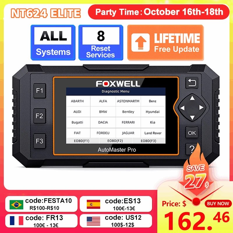 

New FOXWELL NT624 Elite OBD2 Automotive Tools SAS TPS ABS Oil EPB Reset All System Scan Tool OBD2 Diagnostic Scanner Free Update