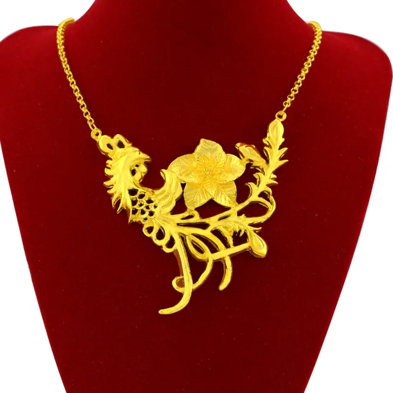 Orginal 24K Gold Plated Necklaces Luxury Phoenix Flower Gold  Women's Necklace Chains Wedding Bride Imitation Gold Jewelry Gifts