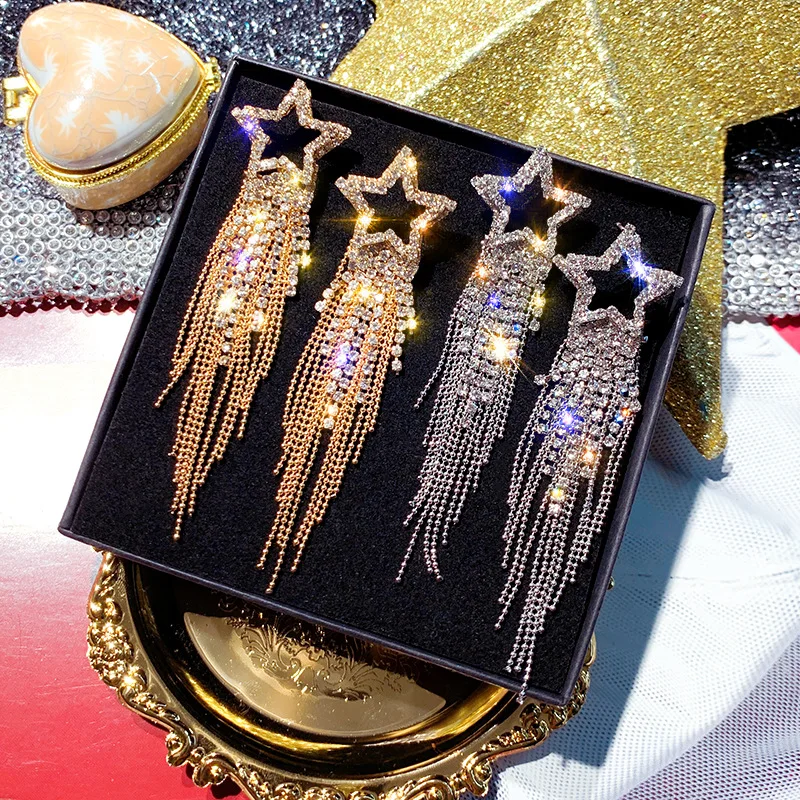 

Fashion Statement Earring Long Full Rhinestone Big Earrings For Women Europe Evening Party Crystal Tassel Earrings Wholesale