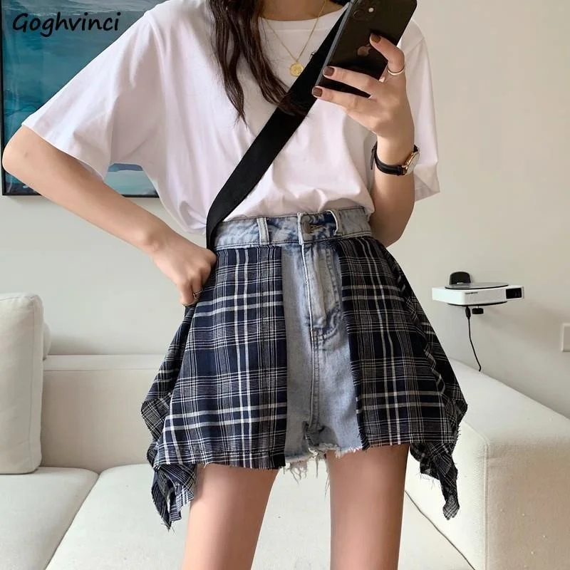 

Shorts Women Denim Patchwork Plaid Irregular Short Womens BF Street Wear Loose Casual Trendy All-match Korean-style Chic Retro
