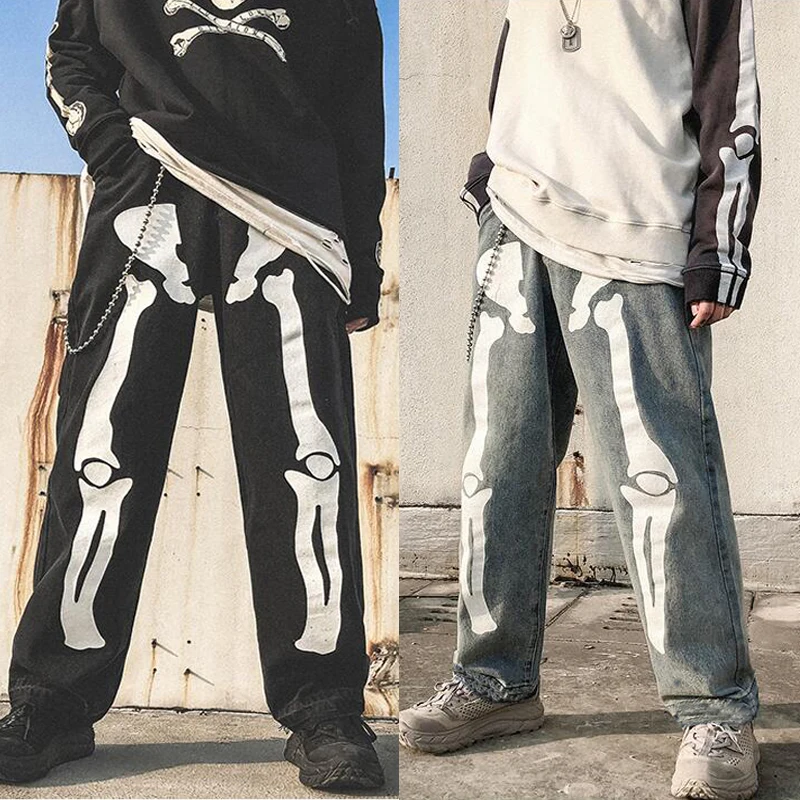Men's Fashion Loose Black Y2k Skeleton Jeans Baggy Aesthetic Pants Man Wide Hip Hop Jeans Dance Casual Straight Denim Pants New