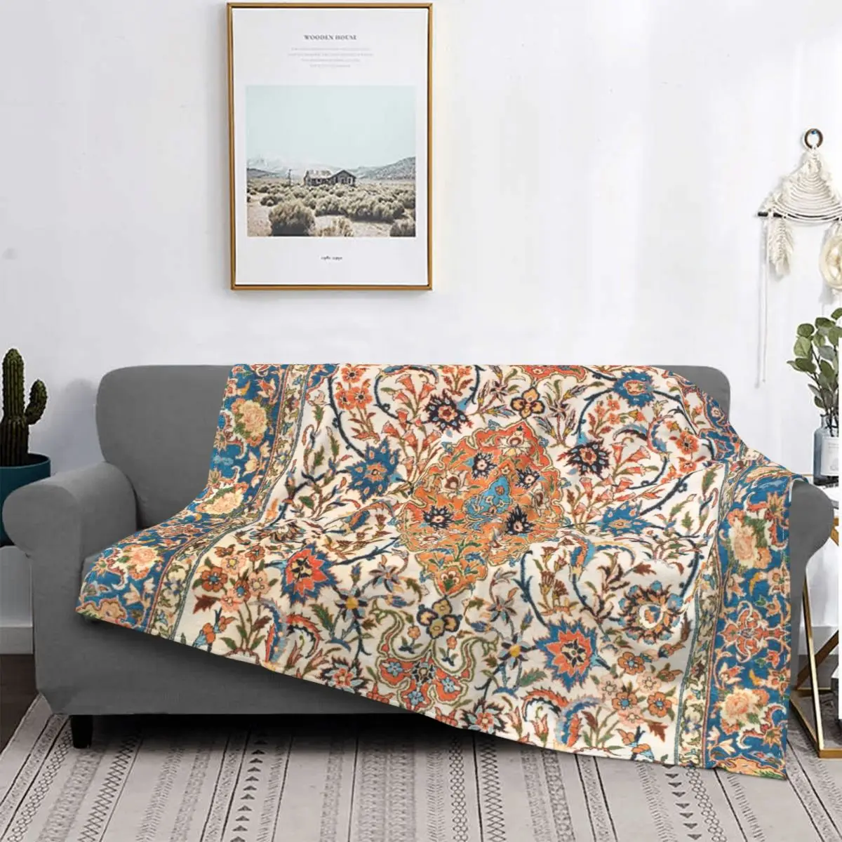 

Античное центральное персидское одеяло Isfahan, винтажное персидское одеяло в стиле бохо, плюшевое мягкое фланелевое одеяло для постельного б...