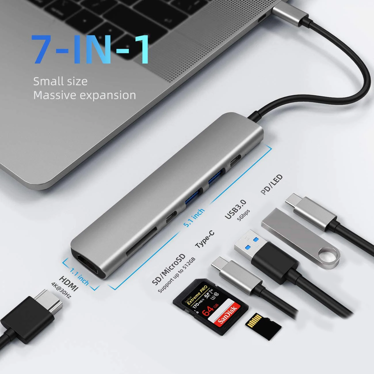 7-in-1 USB Hub Type C Hub Adapter with 4K HDMI USB 3.0 SD/TF Card Reader PD Dock for iPad Pro/ MacBook Pro/Air Thunderbolt 3